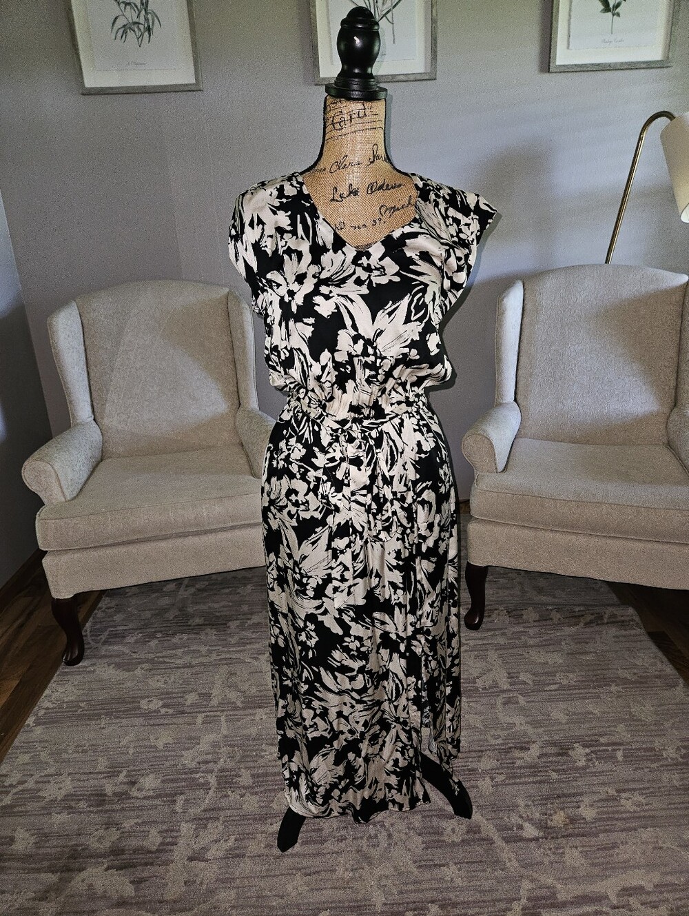 Black & Cream Floral Cap-Sleeve Maxi Dress Evereve Small